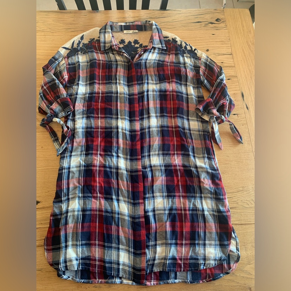 Dex Plaid Lace Button Down Shirt 3/4 Sleeve Long Red‎ Blue White Women’s Small